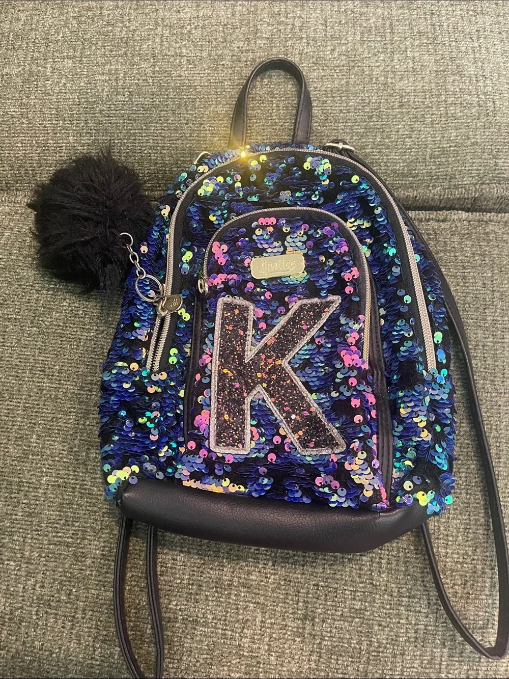 Justice-Kids Sequined Mini Backpack with Sparkle 'K' Accent - Blue/Purple